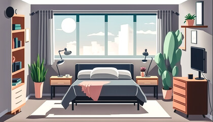 Bedroom interior with large bed and window, generative AI.