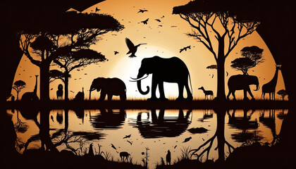 Fototapeta na wymiar African landscape with the silhouette of many animals at sunset. Generative AI