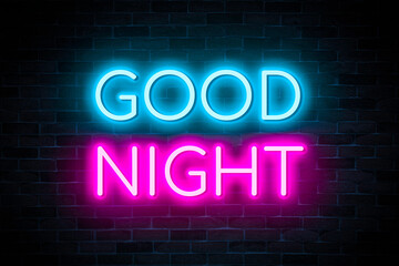 Naklejka na ściany i meble Good Night neon banner on brick wall background.