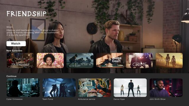 Interface of Streaming Service Website. Online Subscription Offers TV Shows, Realities, and Fiction Films. Screen Replacement for Desktop PC and Laptops With Featured Sitcom Comedy Television Show.
