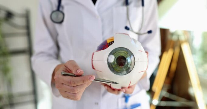 Ophthalmologist holds anatomical model of human eye