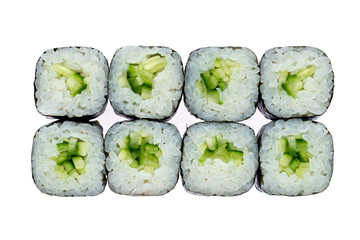 Set of Japanese mini sushi rolls with cucumber, rice, nori, isolated on white.