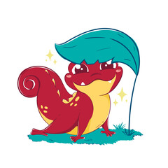 Kawaii red cartoon lizard is hiding under a big leaf