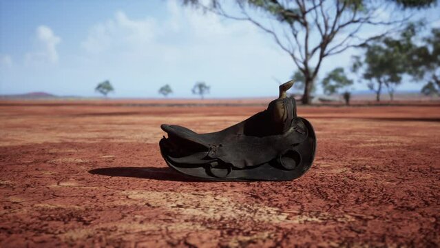 Old decorated mexican saddle lying on sand