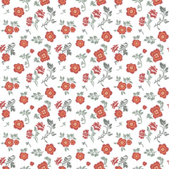 Seamless vintage pattern on a white background. Small red flowers with green leaves. Vector texture. Fashionable print for textiles and wallpaper.