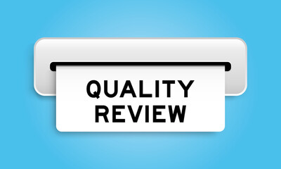 White coupon banner with word quality review from machine on blue color background