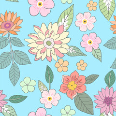 Botanical seamless pattern on turquoise background various pink and yellow flowers on white background, pastel vintage theme.