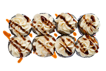 Set of maki sushi rolls with shrimp, cream cheese and teriyaki sauce isolated on white.