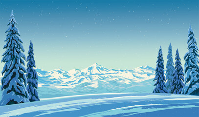 Winter landscape with snow-covered Mountains illuminated by the winter sun, and standing in the foreground with snow-covered fir trees. Vector illustration. © Rustic