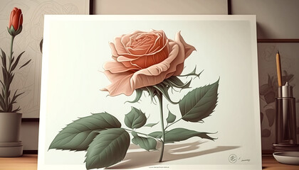 Beautiful rose painted on canvas, generative AI.