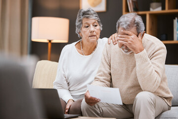 Stress, finance and senior couple planning retirement, mortgage anxiety and sad about pension...