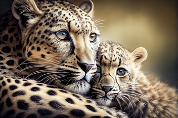Fototapeta na wymiar Mother and baby Leopard portrait. Generative AI. 