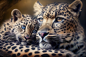 Mother and baby Leopard portrait. Generative AI. 