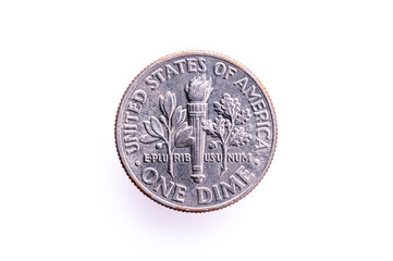 US one dime coin (ten cents) isolated on white with drop shadow – reverse - minting date 2017