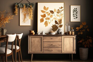 Beautiful arrangement of faux poster frames, a beige sideboard, a family dining table, plants, and vintage personal accessories in a formal dining room. Blanket copy space. A fall themed vibes templat