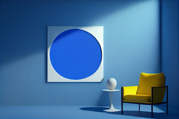 An interior space featuring a yellow armchair and a copy space against a blue wall backdrop. 