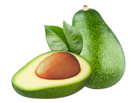 Delicious avocado fruits with leaves cut out