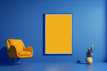 Interior room with a yellow armchair with copy space on blue wall background. A blank wall with a vertical poster. 