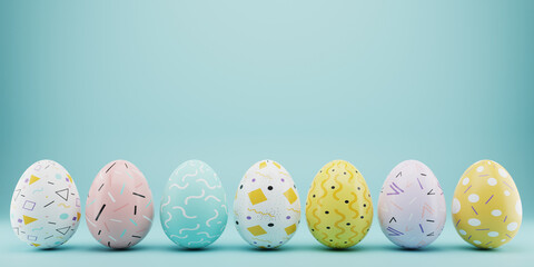 Easter colorful decorated eggs stand in a row on blue background. Minimal easter concept. Happy Easter card with copy space for text. 3d rendering.