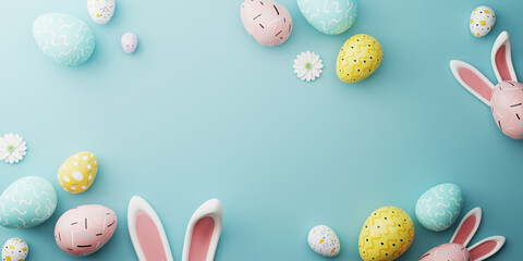 Fototapeta na wymiar Easter party concept. Top view photo of easter bunny ears white pink blue and yellow eggs on isolated pastel blue background with copy space. 3d rendering.