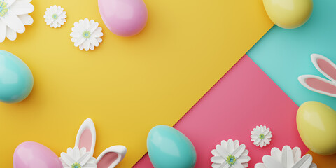 Easter colorful decorated Color Painted Egg, Spring Flower and Rabbit Ears on Colorful Background. Minimal easter concept. Happy Easter card with copy space for text. 3d rendering.