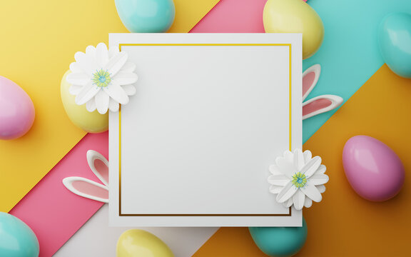 Easter colorful decorated Color Painted Egg, Spring Flower and Rabbit Ears on Colorful Background. Minimal easter concept. Happy Easter card with copy space for text. 3d rendering.