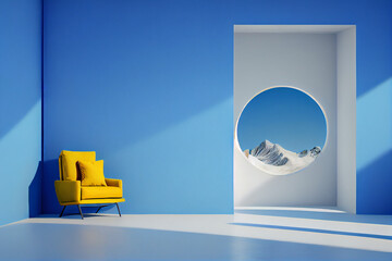 Interior room with a yellow armchair with copy space on empty blue wall background. A blank wall with a circle window. Generative Ai.
