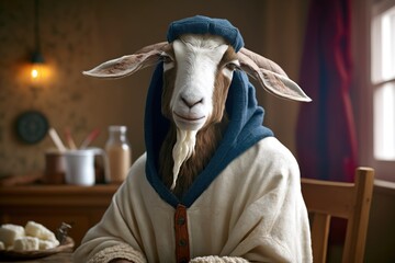 Goat dressed as a farmer advertises goat cheese, concept of Animal Agriculture and Product Advertising, created with Generative AI technology