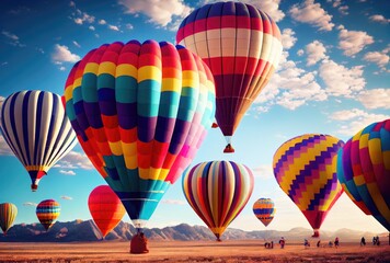 Fototapeta premium Colorful hot air balloons festival floating with clear blue sky background. Hobbies and leisure concept. Digital art illustration. Generative AI