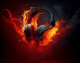 Fiery headphones on black background. Generative AI