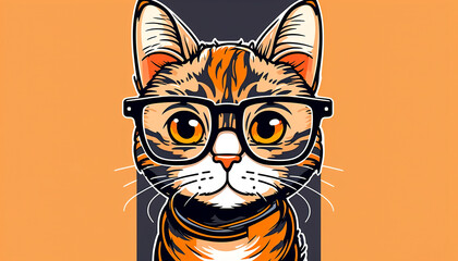 Cartoon hipster cat with glasses, generative AI.