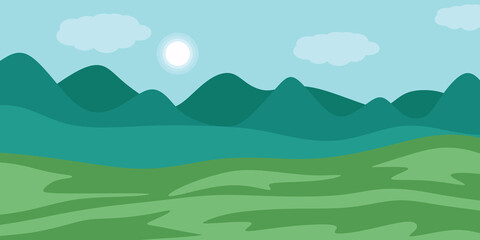 Landscape vector illustration. Green field, Mountain and blue sky with clouds and sun. Spring landscape background. Vector