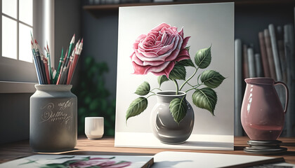 Beautiful rose painted on canvas, generative AI.