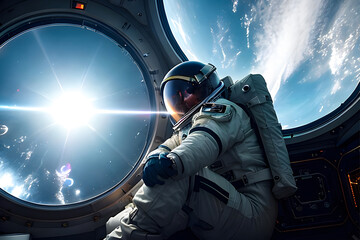 Astronaut at spacewalk. Cosmic art, science fiction wallpaper. Beauty of deep space. Billions of galaxies in the universe . Ai generative