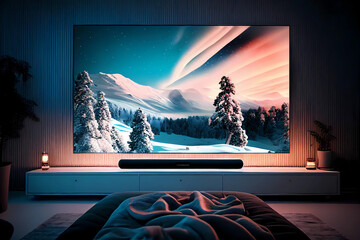Modern bed room with big tv on the wall. Generative ai design.