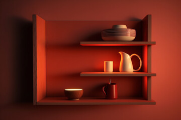 wooden kitchen shelf on a red wall Generative AI
