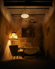 old and decayed house interior with creepy lighting