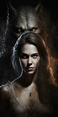 Movie poster of a werewolf standing behind a young and beautiful woman with cinematic dark background. Generative AI illustration - obrazy, fototapety, plakaty