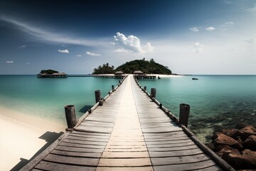 Obraz premium The long, straight wooden pier on Koh Kham Island, with its stunning backdrop of blue ocean and a white sand beach, is a true picture perfect scene. Take a peek at Trat, Thailand's Koh Mak Island. Lig
