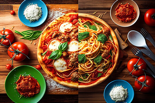 Italian mediterranean fusion of pizza and pasta side by side dish. Tomatoes, mozzarella, parmesan concept image. food generative ai 