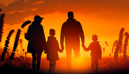 Happy family silhouette standing on against sunset time.AI-Generated