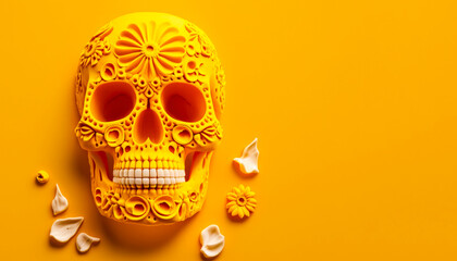 Sugar skull on yellow background with copy-space.AI-Generated