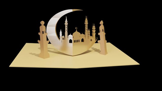 Ramadan Kareem. Ramadan 3D. Marhaban yaa Ramadan Pop-up Book 3D with text gold elegant preview. Alpha or Transparent Background. Text Wish. mosque and moon. 