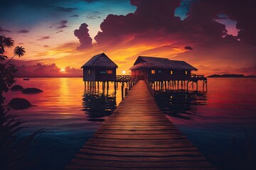 Fototapeta na wymiar Sunset over the San Blas Islands in the Caribbean Sea, a tropical paradise with vivid colors. A beachside setting with a home and a pier. Generative AI