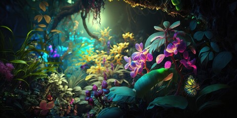 Tropical jungle landscape with fresh vivid plants, leaves and flowers. Beautiful forest, Summer botanical garden on sunny day. Generative AI.
