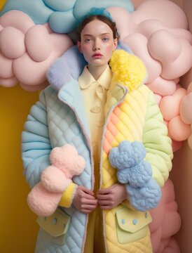 Young beautiful girl relaxing on pastel yellow background in a pastel plush Teddy bear coat. Fashion romantic portrait, Generative AI.