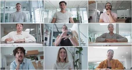 Video call, team and meeting with collage and collaboration, networking and b2b with business people. Online communication, virtual chat and professional group with discussion, diversity and webinar