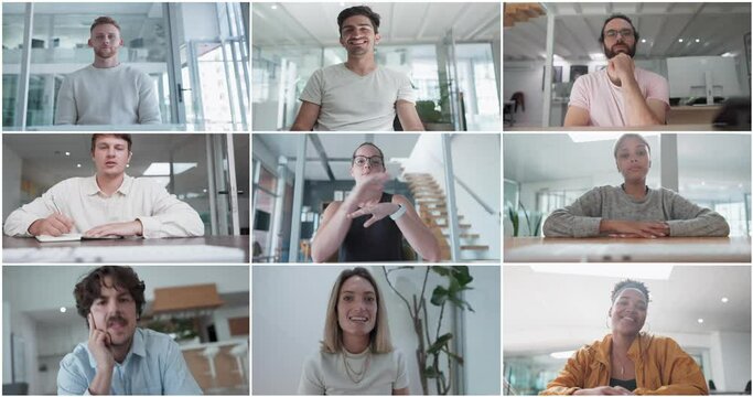Video call, team and meeting with collage and collaboration, networking and b2b with business people. Online communication, virtual chat and professional group with discussion, diversity and webinar