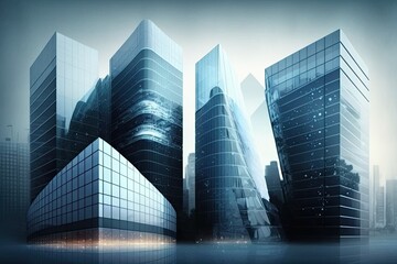 The Idea of a Business Complex. Realistic Illustration of a Glassy Modern Building Concept. High rise buildings made entirely of glass. Generative AI