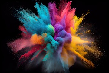 Fototapeta premium Explosion of colored powder isolated on black background. Abstract colored background. Generative AI